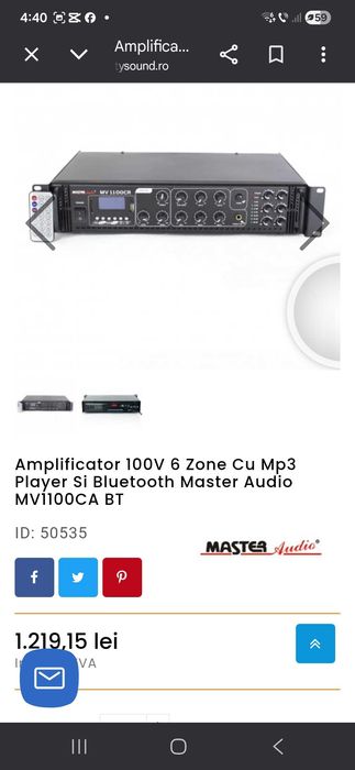 Amplificator 100V 6 zone cu mp3 si Bluetooth Master Audio MV1100CA BT