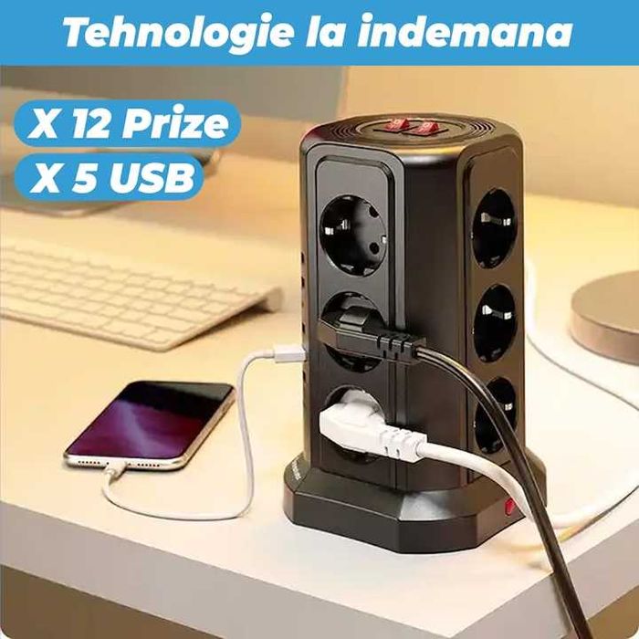 Prelungitor tip turn 12 prize, 5 x USB, buton ON/OFF,2500W, 1.8m
