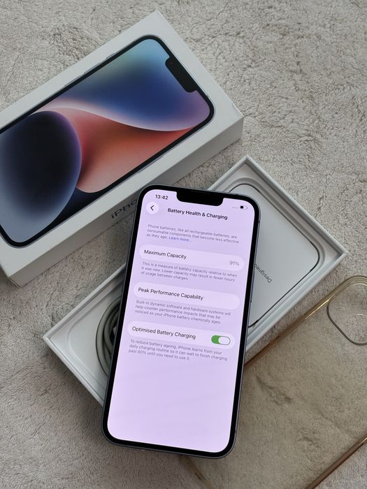iPhone 14 Blue ca nou 91% 128 GB full box 5G Husa+ Cablu
