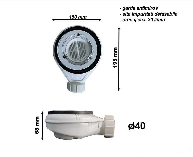 Cădiță de duș Serena, crem, cu sifon inclus, 170x70x3cm
