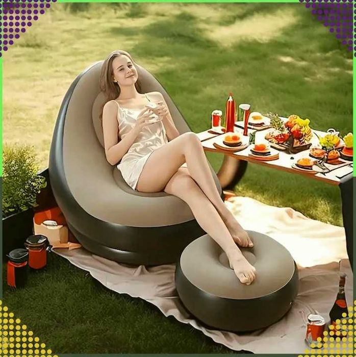 Супер цена! Нов надуваем фотьойл/кресло с табуретка и помпа, Винил+пуф