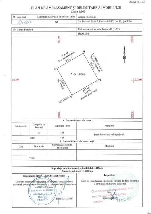 Teren de vânzare - 428 mp, Cartierul Nou, Str. Miorita, Berceni, Ilfov