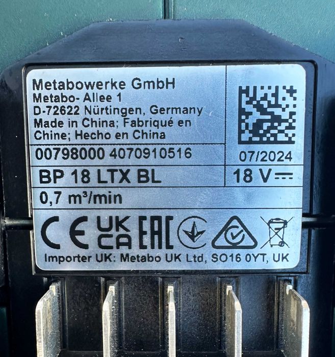 Metabo BP 18 LTX BL - Безчетковa акумулаторна машина за продухване
