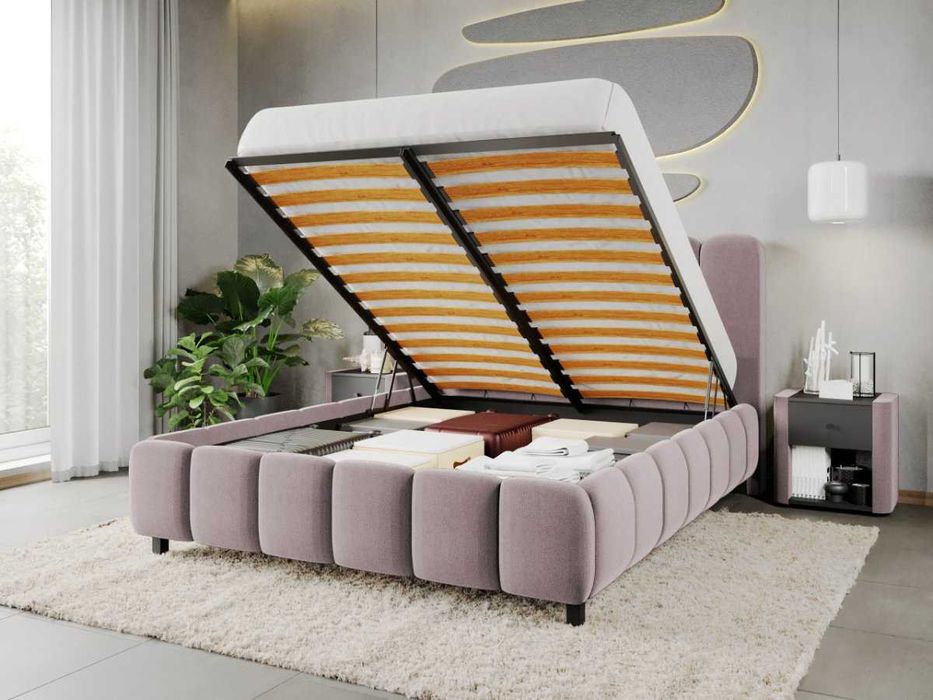 Pat Tapitat Bari Roz Velluto 14 cu somiera rabatabila si lada