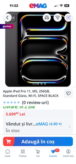 ipad pro 11” cu M5 (2025) 256gb space black, wifi, 9 cicluri, garantie