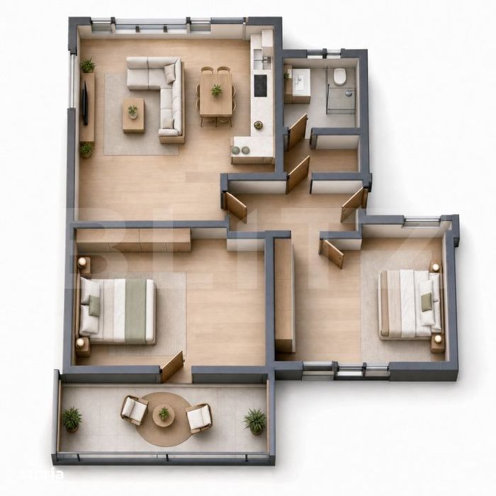 Apartament cu 3 camere si balcon de 8 mp, etajul 1