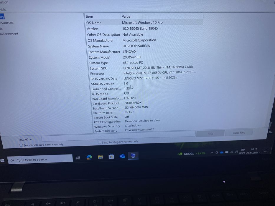 LAPTOP LENOVO THINKPAD T480S CORE I7 8650U 24GB 512GB 14.1“(1920X1080)