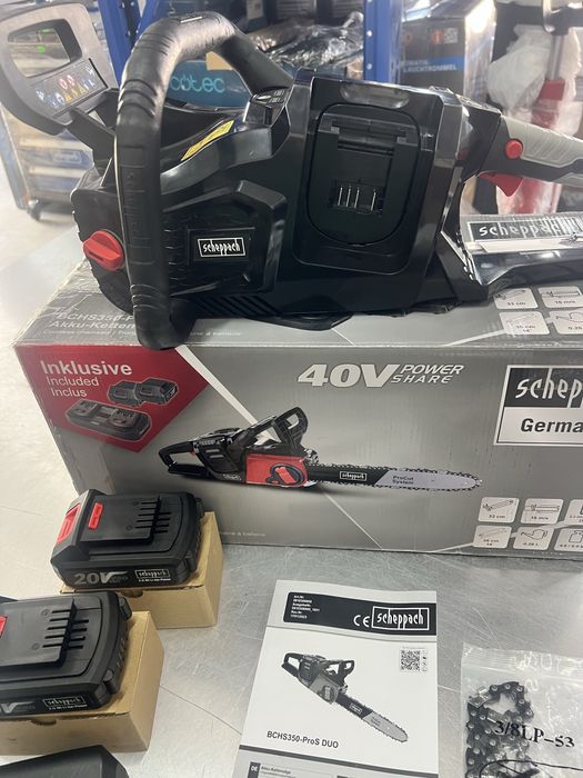 Акумулаторна  резачка за дърва Scheppach BCHS350-ProS  Duo 40V,14’’,33см -комплект батерии и зарядно