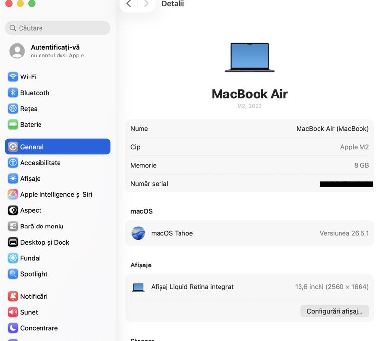MacBook Air 13.6 inch M2, 256 GB, 8 GB RAM, Midnight, Foarte bun, Cod produs: YCNF