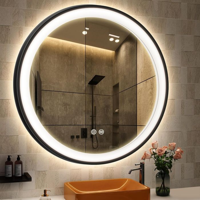 Кръгло LED огледало за баня Ф60/80 см, bluetooth обезпотяване дървесна