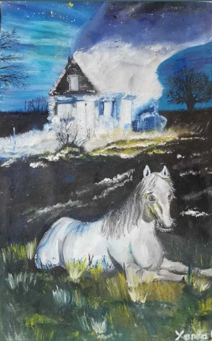 Tablou, pictura originala ulei pe pânză, cal și casă în flăcări