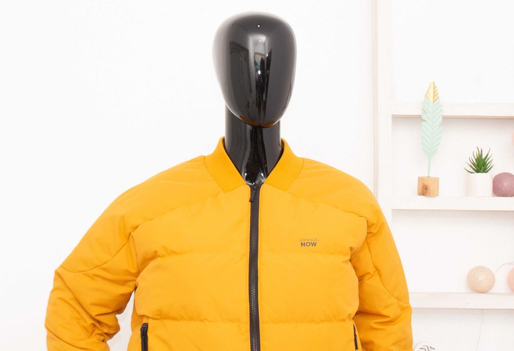 JOHAUG дамско пухено яке цвят горчица бомбер пълнеж пух пера S