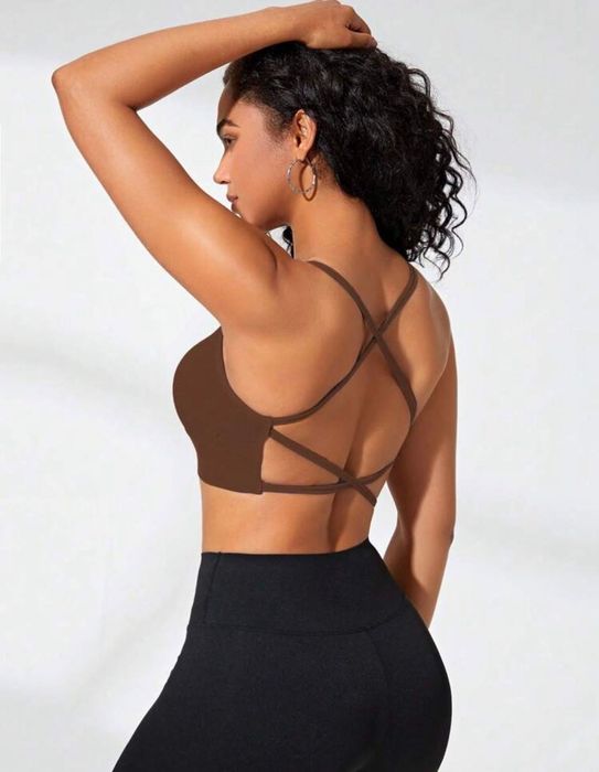 Спортно бюстие сутиен кафяво йога топ