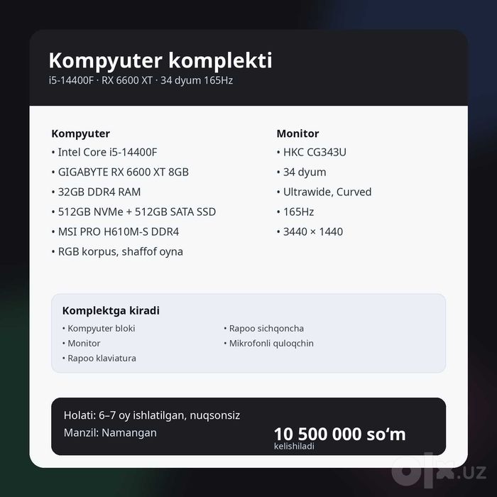 PC sotiladi: i5-14400F / RX 6600 XT / 32GB RAM + 34 dyum 165Hz monitor