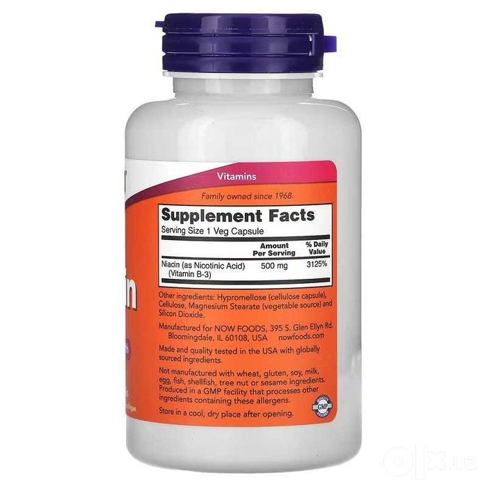 NOW Foods Niacin ниацин 100 растительных капсул
