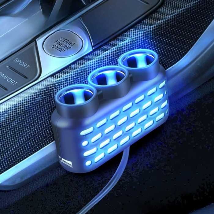 Разклонител за запалка 12V/24V – 3 гнезда, 1x Type-C, 1x USB, 120W