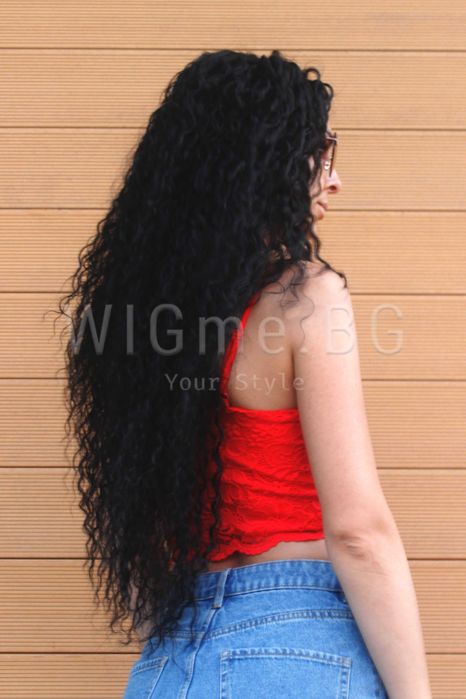 Дълга черна къдрава лейс фронт перука Камелия