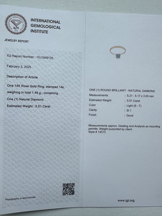 Здатен пръстен 14К с диамант 0,51 ct съел сертификат