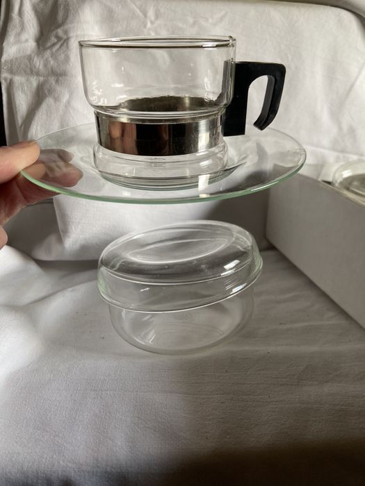 Нов ретро сервиз, чай/ кафе, стъкло и метал, simax Czechoslovakia