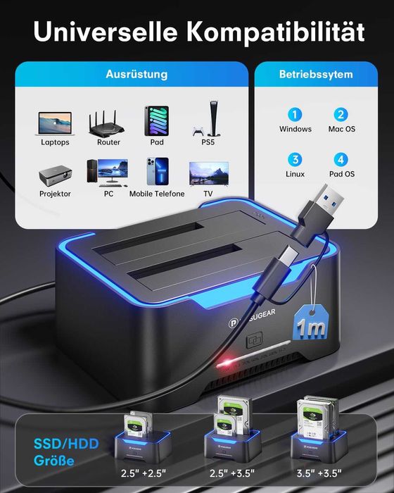 Hard Drive Dock 2.5"/ 3.5" SATA. Dual Disk Offline Replication. 40TB