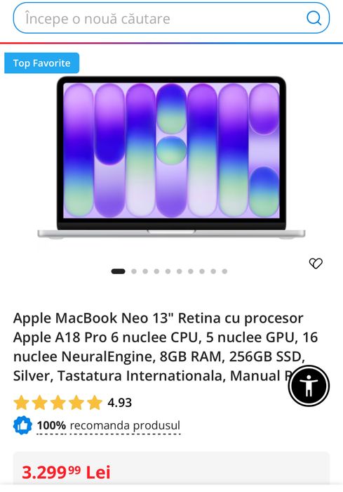 Macbook Neo 13”, 256gb sigilat, Silver, transport inclus