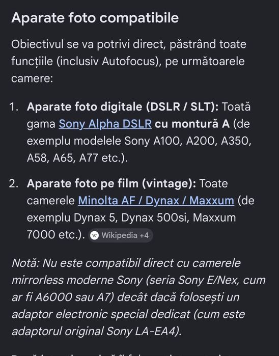Obiectiv camera foto sony alpha