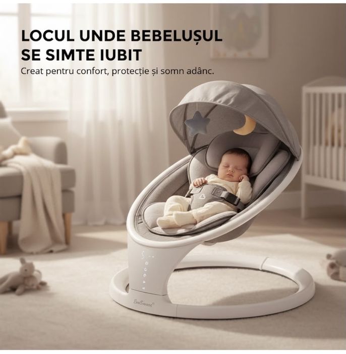 Leagan Electric EvoSmart™ SW, Multifunctional Pentru Bebelusi cu Acoperis Rabatabil Si Plasa Protectie Tantari, Conexiune Bluetooth, 5