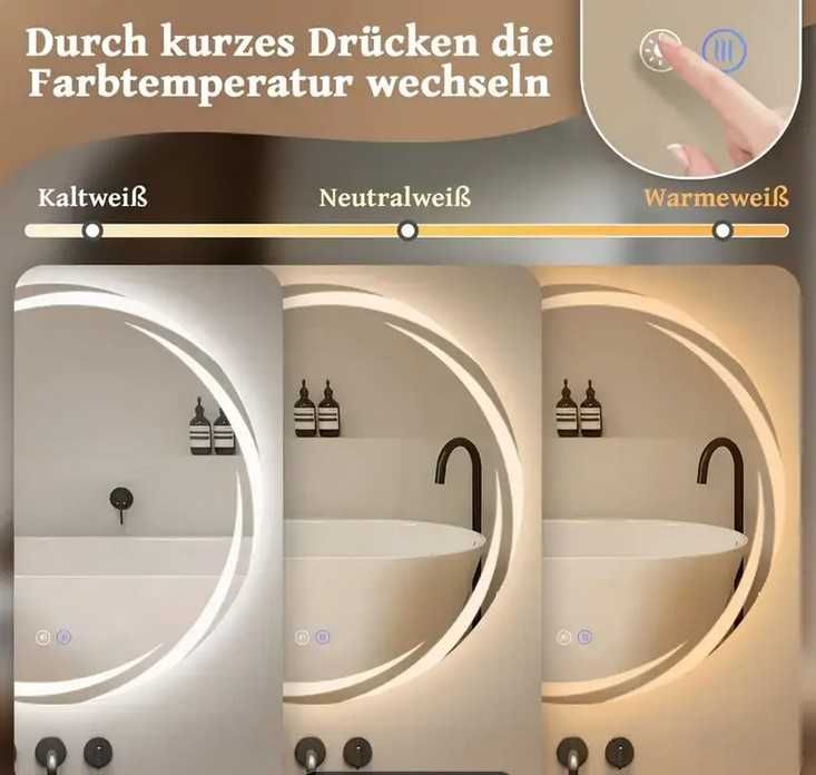 Oglinda Rotunda Iluminata Led, dimabila, reglaj culoare, dezaburire