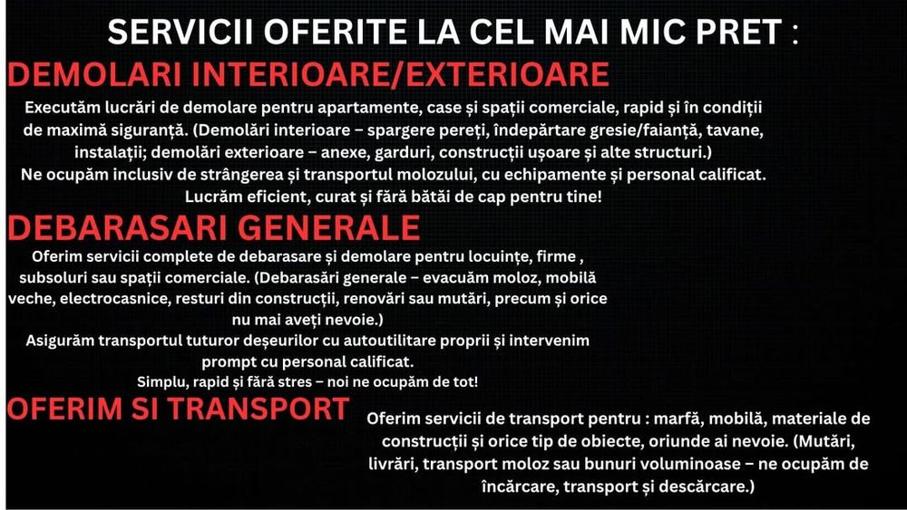 Executăm debarasări-demolări și Transport marfă