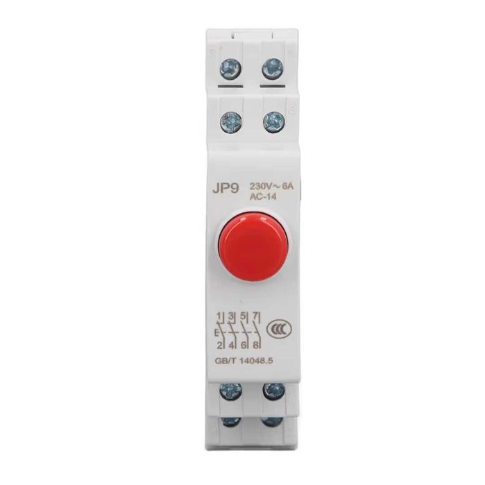 Buton pulsator pe sina DIN, control 2NO 2NC, iluminat, rosu, 230V, compact