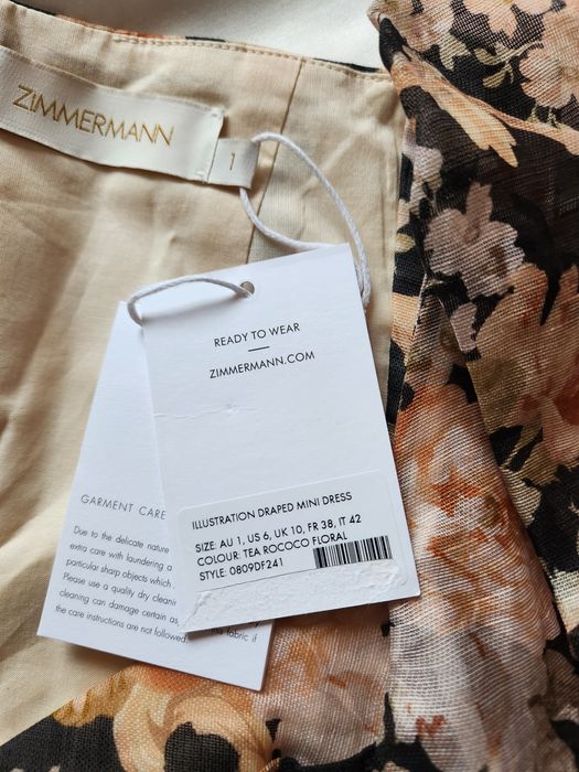 Официална рокля ZIMMERMANN S/M коприна и лен бежова флорална къса разкроена с талия бюстие  буфан ръкав