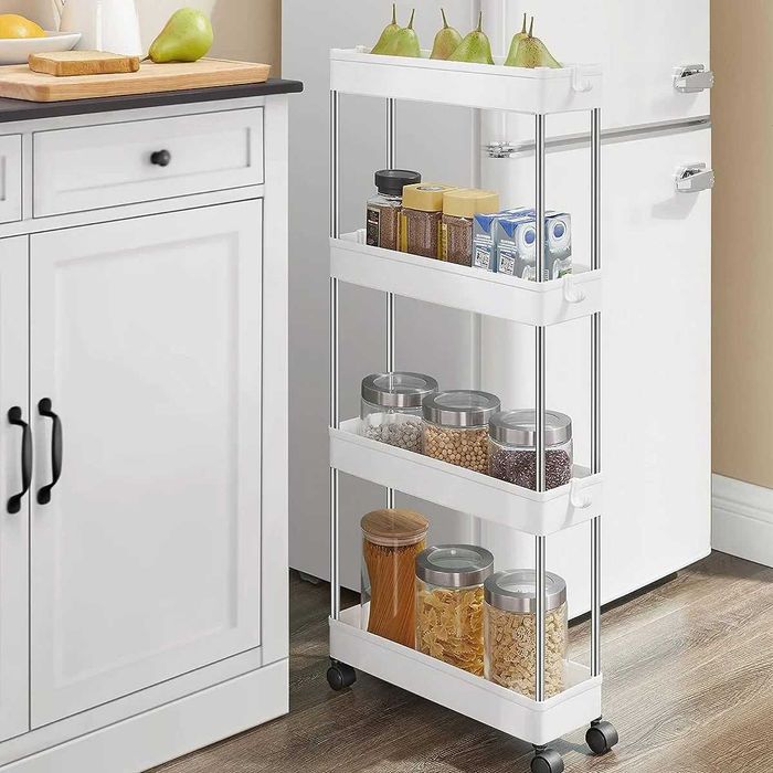 Etajera slim pentru baie si bucatarie cu 4 rafturi cu roti alb