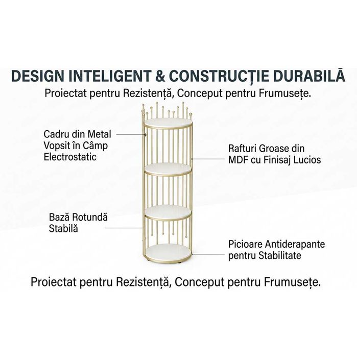 Masuta decorativa etajera rotunda cu 4 niveluri cadru metal auriu 32x32x95cm Living Dormitor Birou