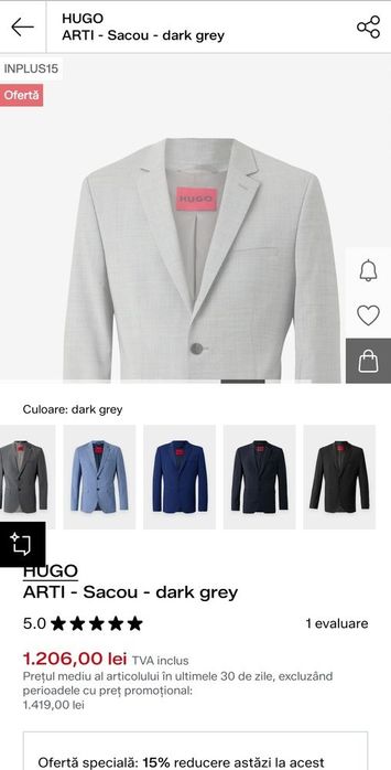 Sacou Original Hugo gri marime 52 Hugo Boss Nou cu eticheta,100% wool