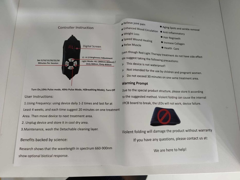 Dispozitiv terapie cu lumina rosie, infrarosu, 6 moduri reglare