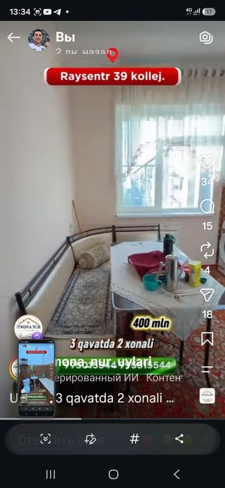 Raysentr 39 kollej yondo Yangi domda 2 xonali uy barcha jixozlari bila