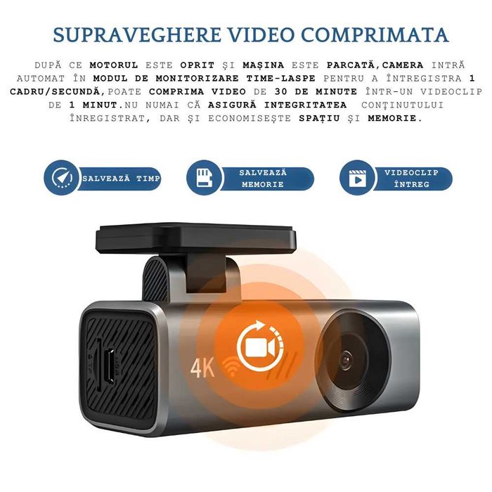 Camera de Bord 4K Ultra HD cu Wi-Fi, Unghi de Filmare Larg de 145°