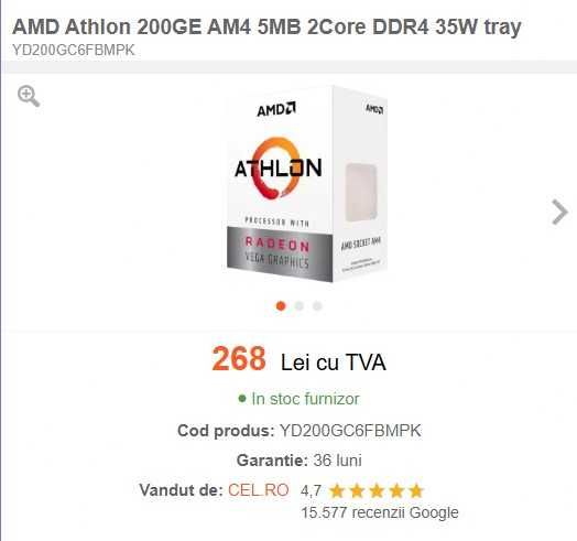 Procesor Athlon 200GE, socket AM4, grafica integrata + Cooler Ryzen