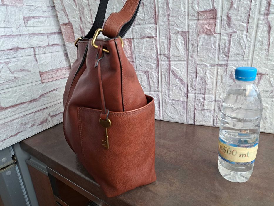 дамска чанта Fossil,кафява кожена  торба-естествена кожа