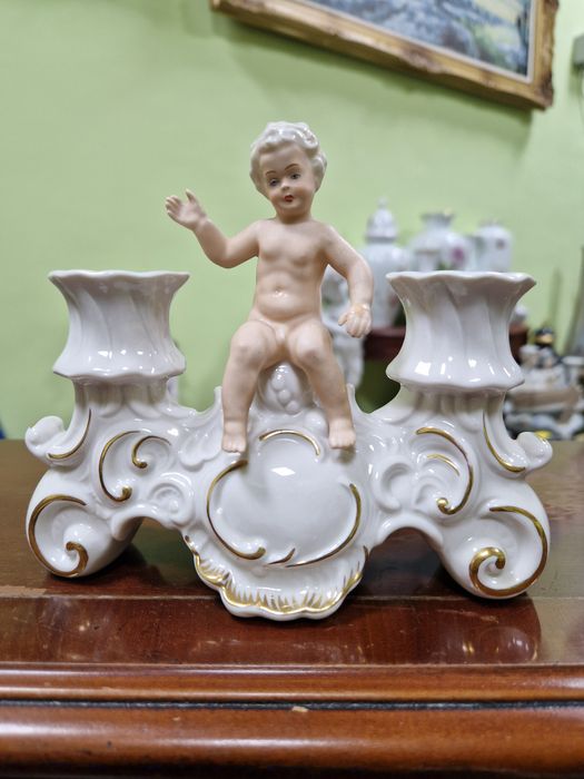 Рядък уникален антикварен порцеланов свещник Schau bach kunst