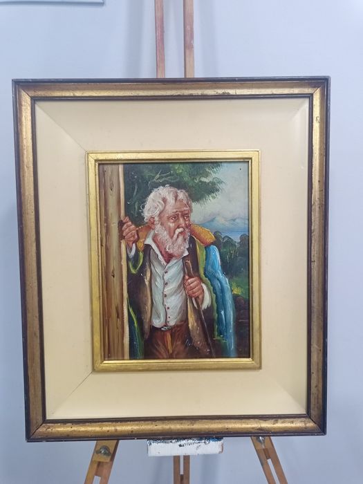 Старинна картина, масло върху дърво – "Възрастен скитник"