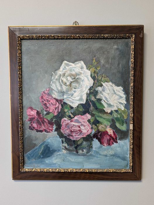 Pictura in ulei, natura statica cu flori, 45x39 cm, semnata si datata 1944