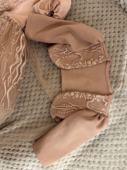 Set rochie roz, bolero si caciula elegante botez bebe marime 62