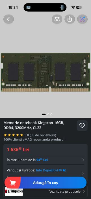 Memorie notebook Kingston 16GB, DDR4, 3200MHz, CL22