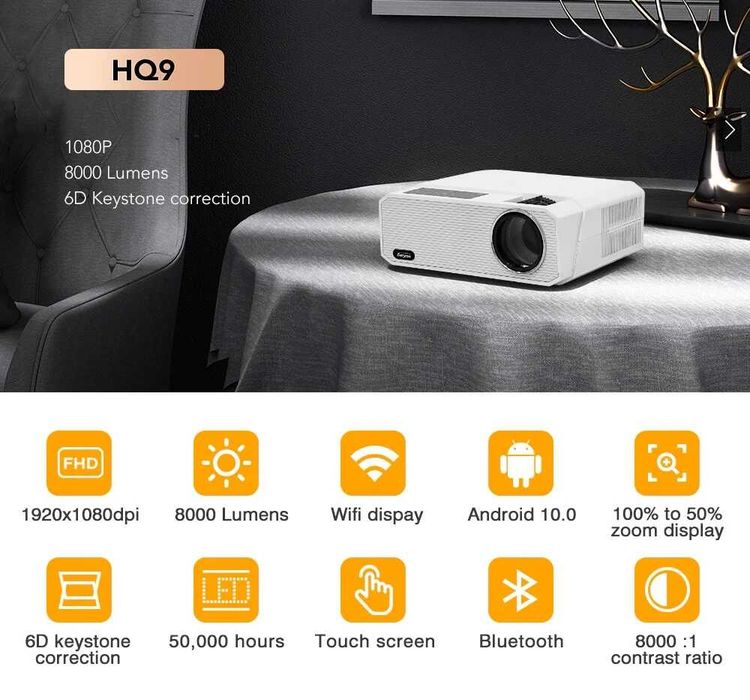 Proiector Everycom HQ9W LED, Full HD 1080p, Android Smart TV, Wi-Fi 5G, Bluetooth
