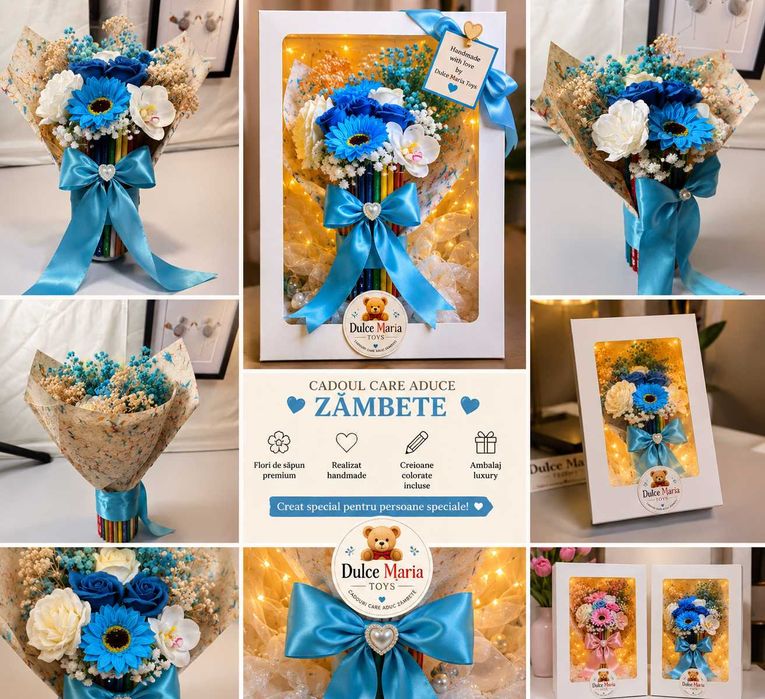 Buchet premium realizat handmade din flori de săpun, creioane colorate