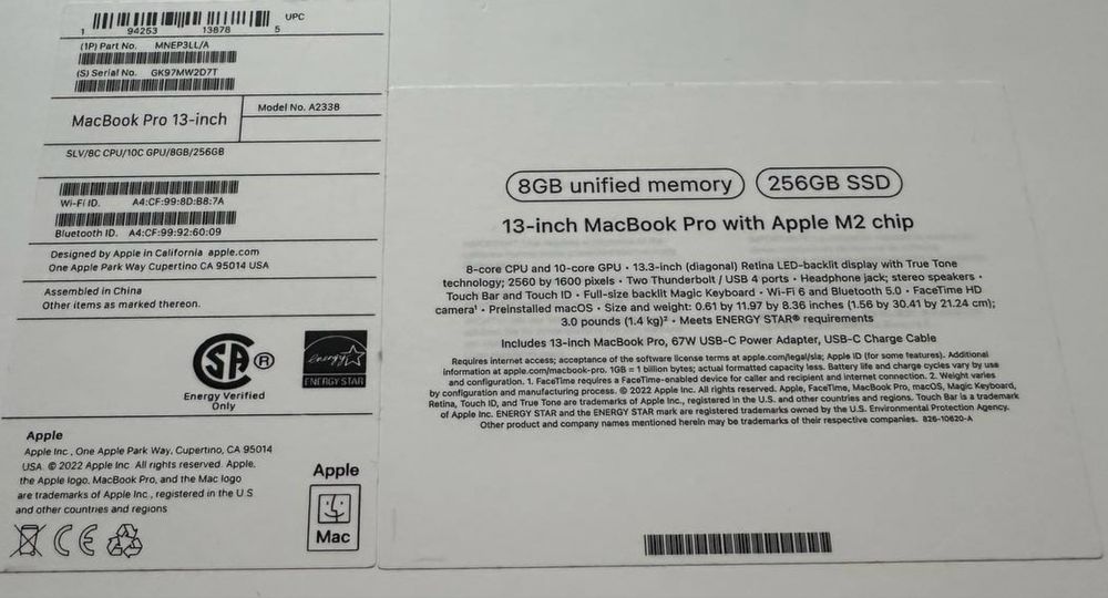 MacBook Pro 13 M2 озу 8, Память 256 SSD акум 99%