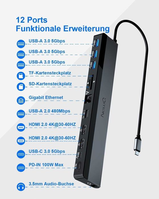 Docking Station 12-în-1 NewQ USB-C – Dual HDMI 4K, PD 100W, Gigabit