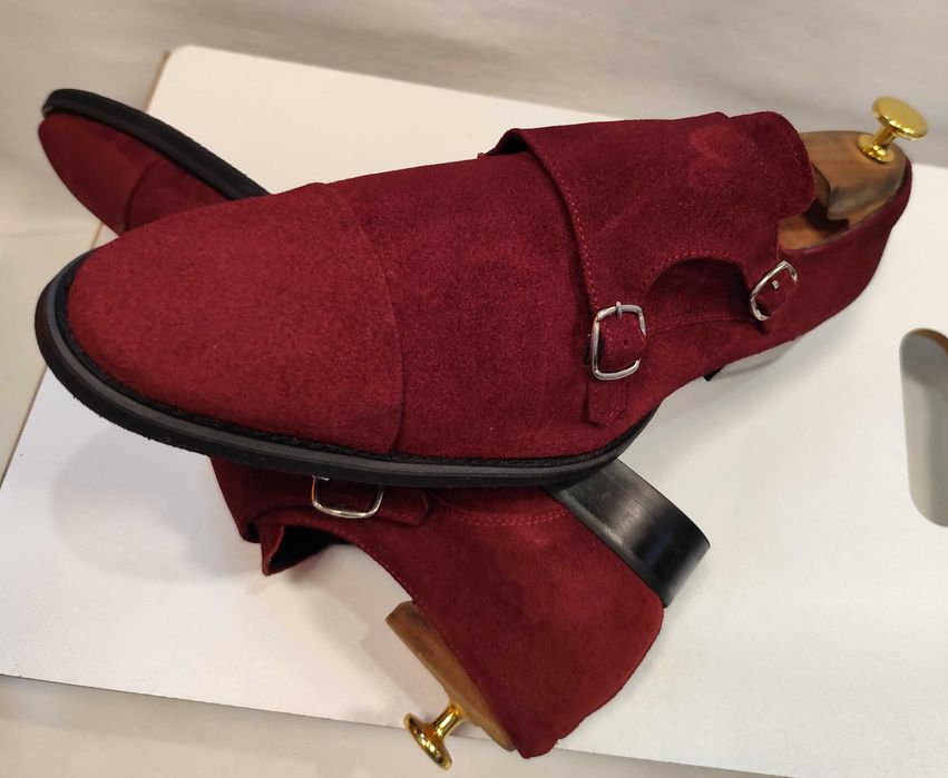 Pantofi double monk 42 42.5 de lux Lavoratione Artigianale NOI piele naturala suede rosu burgundy
