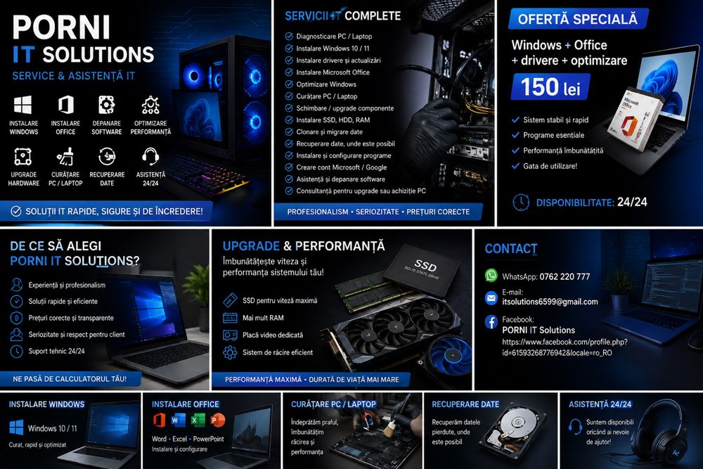 Depanare Computere ; Instalare Windows ; Office ; Schimbare componente ; Upgrade ; etc